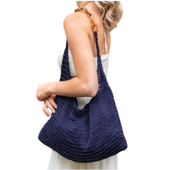 Anju NWT Cora handcrafted navy glass beaded sling bag with acrylic handle boho - Picture 1 of 12